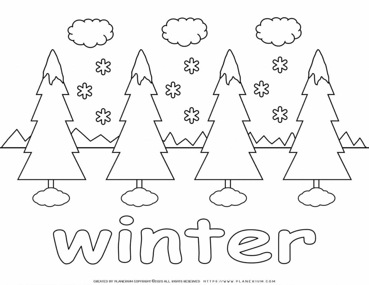 Winter Coloring Page - Four Trees in Snow | Planerium