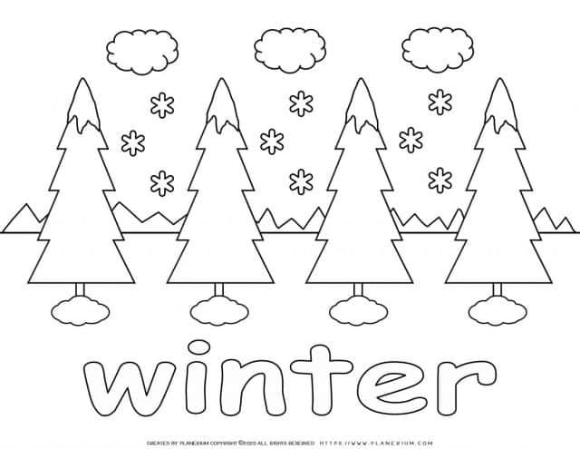 Winter Coloring Page - Four Trees in Snow | Planerium