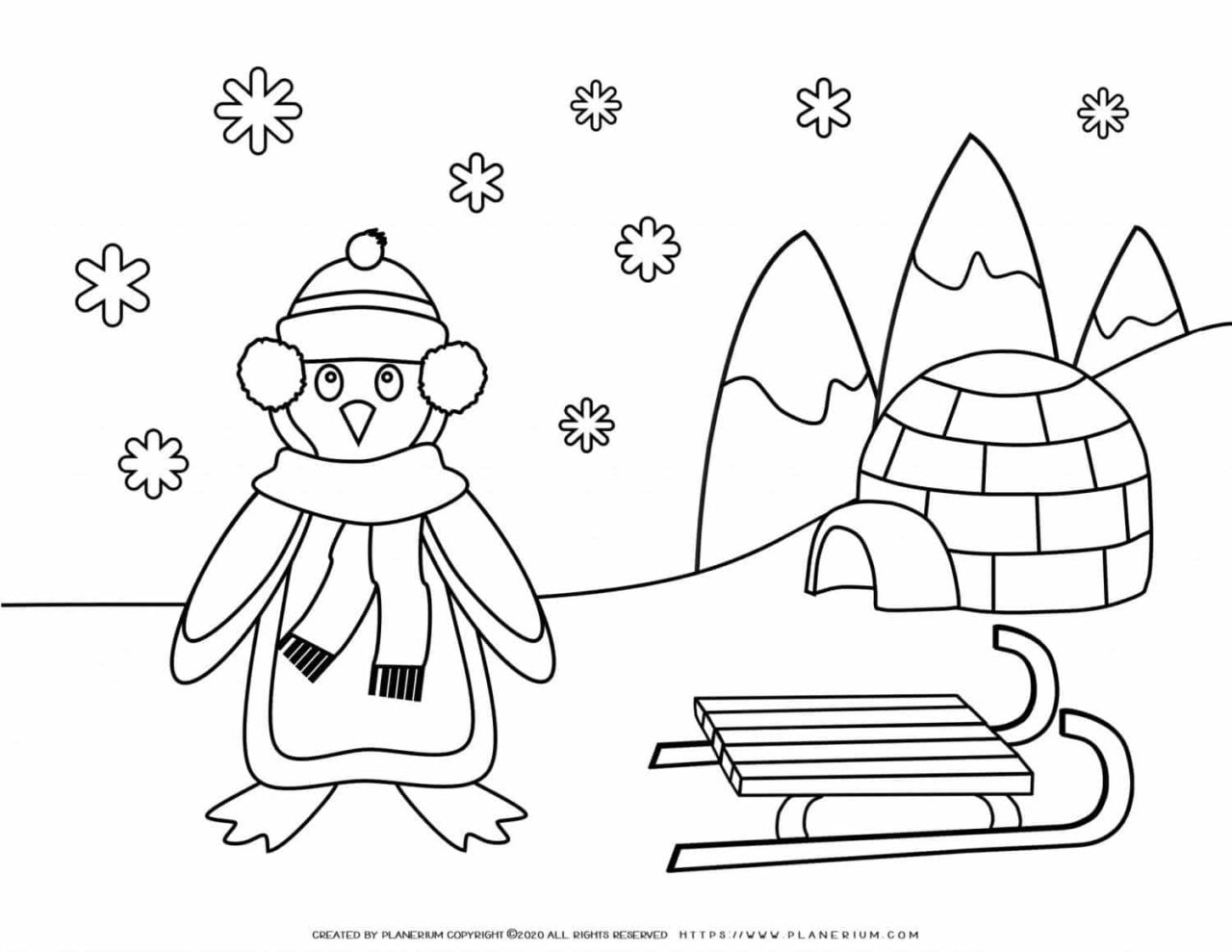 Winter Coloring Page - Penguin in the Snow | Planerium