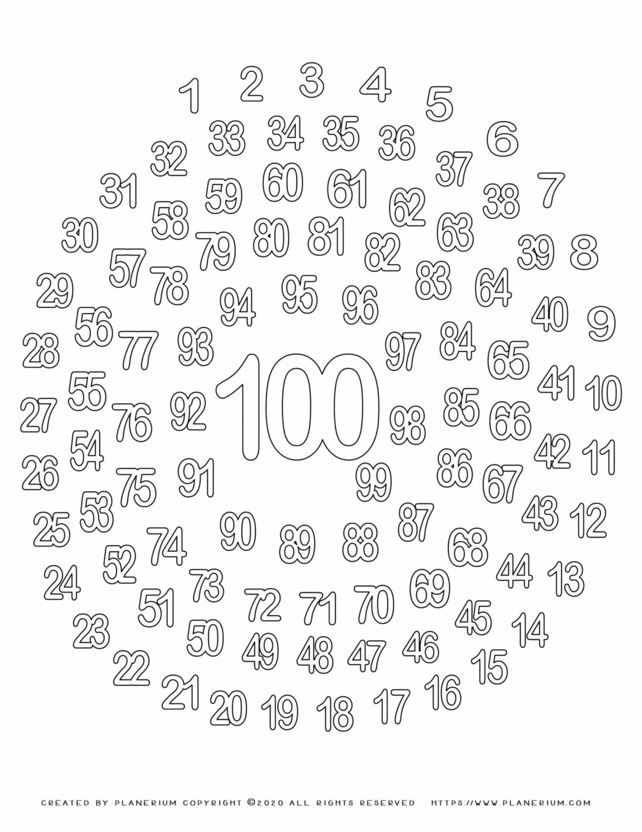 100 Days of School - Coloring Page - 1 to 100 Spiral | Planerium