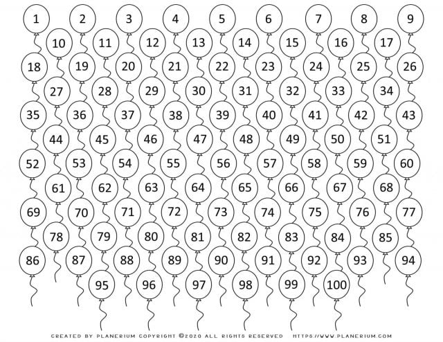 100 Days of School - Coloring Page - 100 Balloons | Planerium