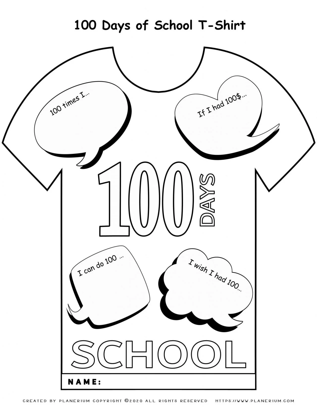 100 Days of School - Coloring Page - 100 Days T-Shirt | Planerium