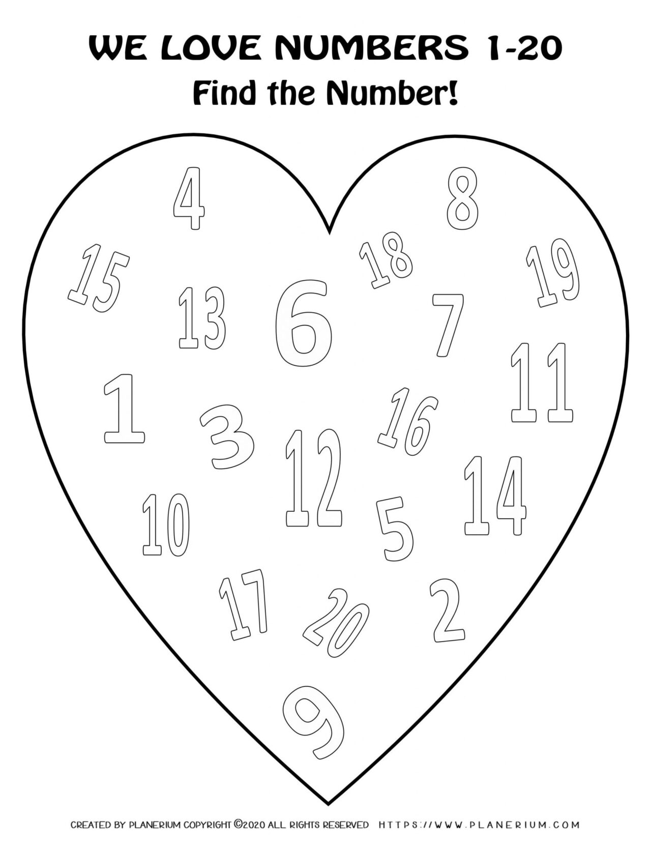 Valentines Day Coloring Page - Hearts Numbers 1 to 20
