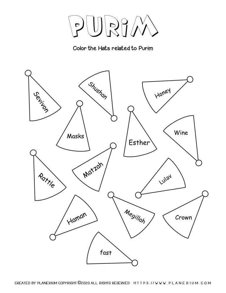 Purim - Printable Coloring words game in English