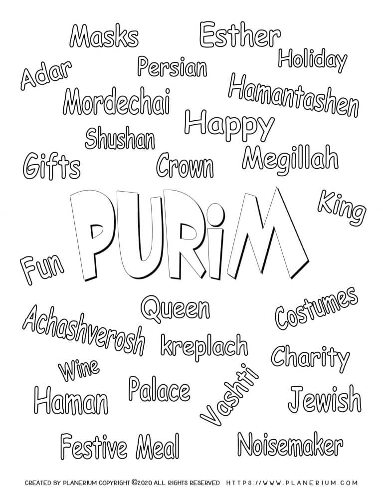Purim - Coloring - Holiday Related words in English