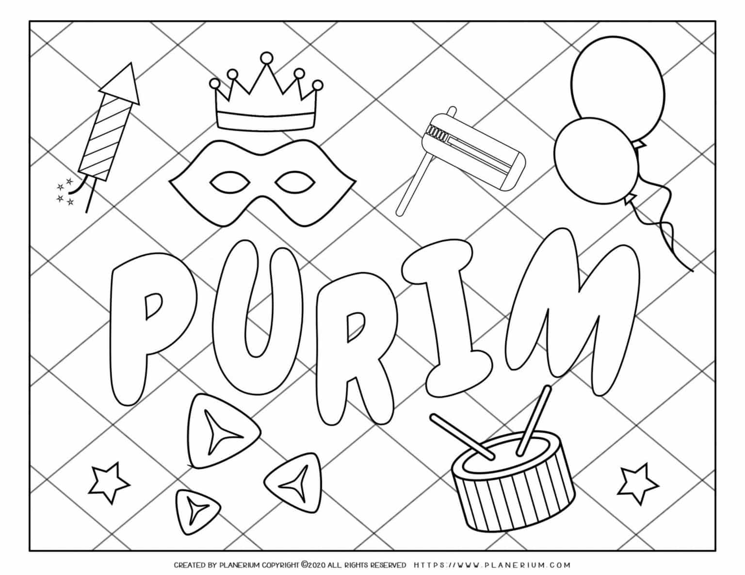 Purim 2020 - Coloring - Holiday Symbols Grid background