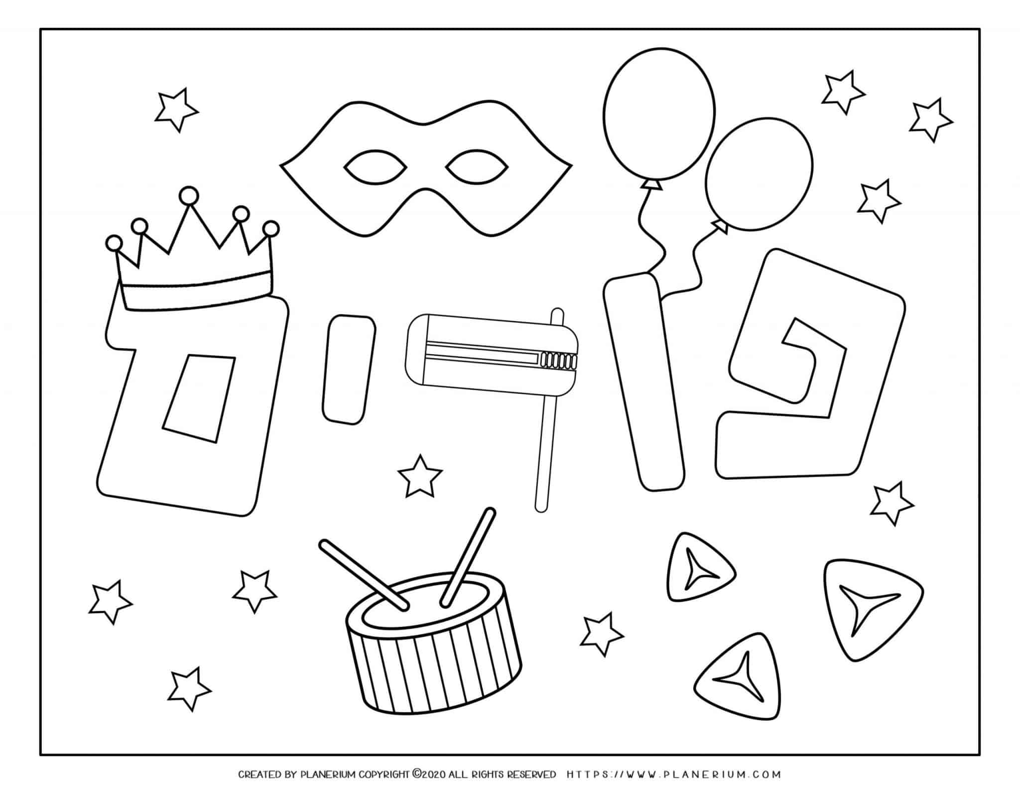 purim-coloring-page-symbols-and-stars-planerium