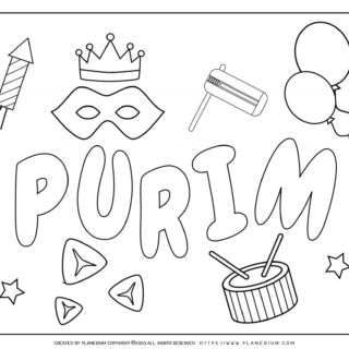 Purim 2020 - Coloring - Holiday Symbols English title