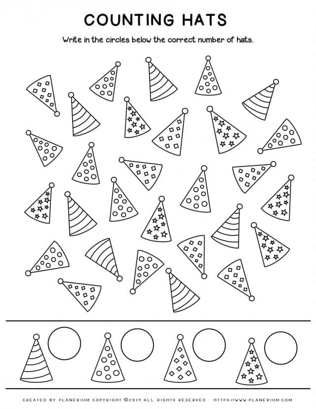 Carnival - Coloring Page Worksheet - Counting Hats | Planerium