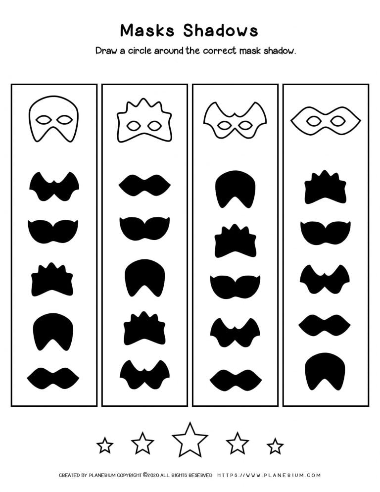 Carnival - Coloring Page Worksheet - Masks Shadows | Planerium