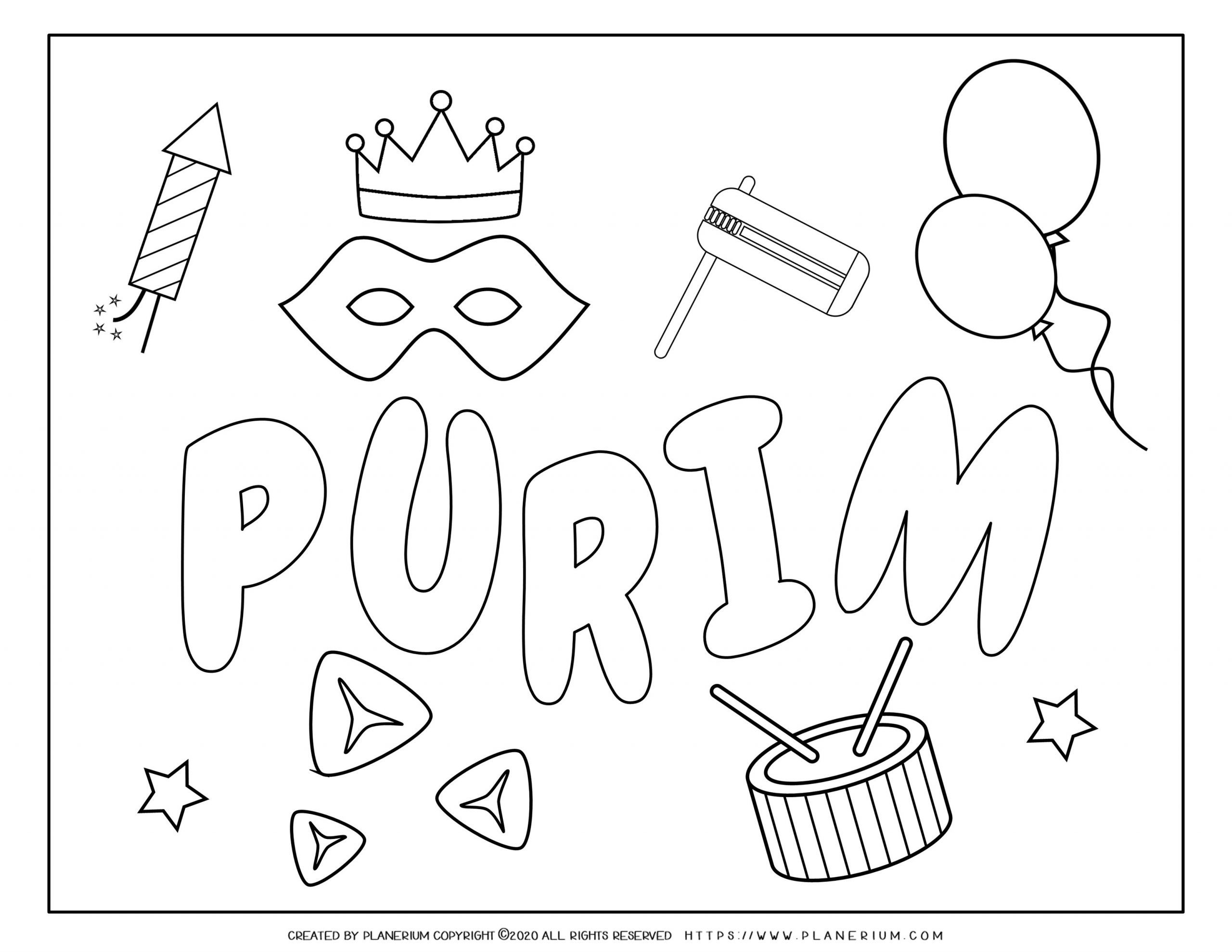 Purim - Coloring page - Symbols with Large Title | Planerium