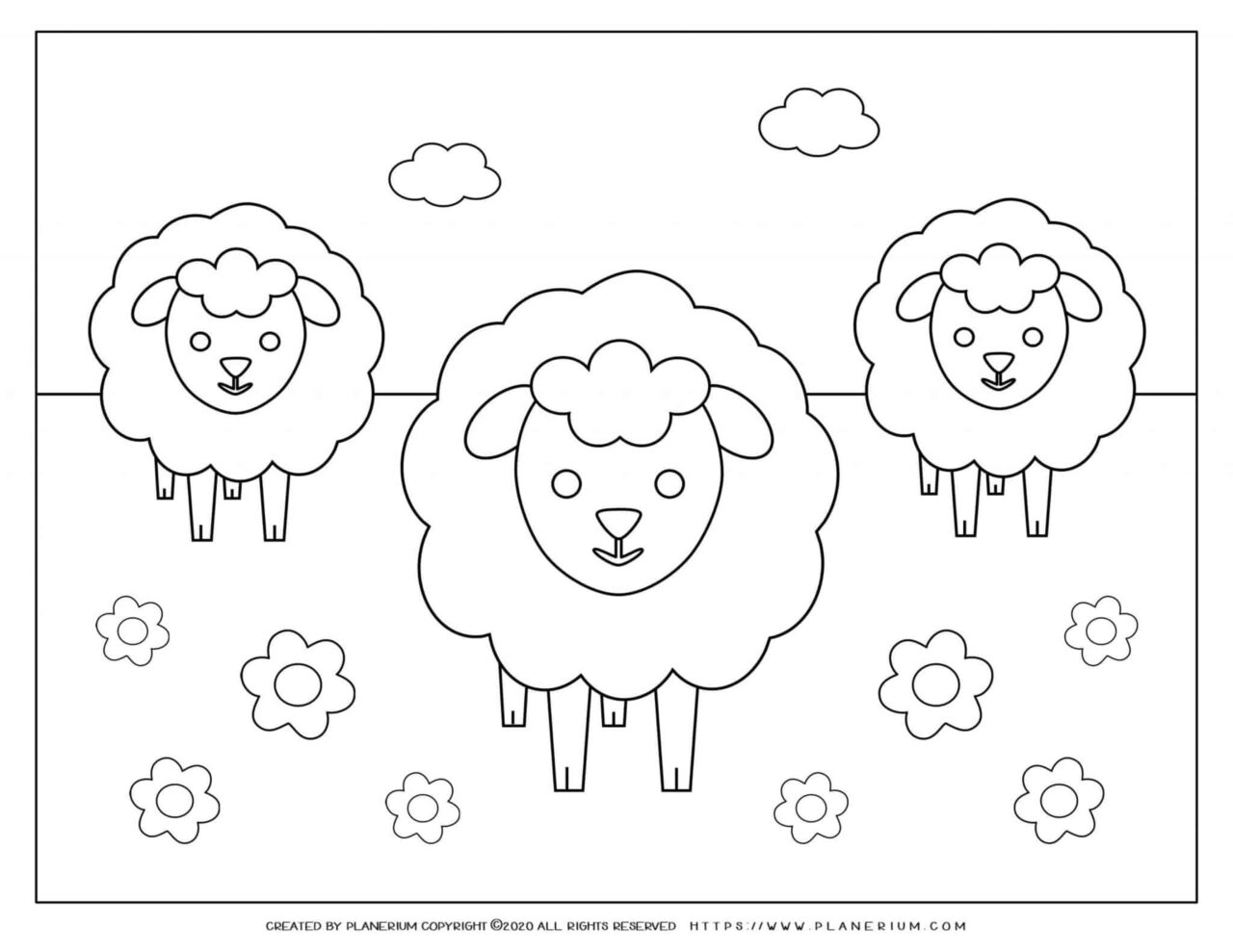 Easter coloring page - Three lambs in a flower field