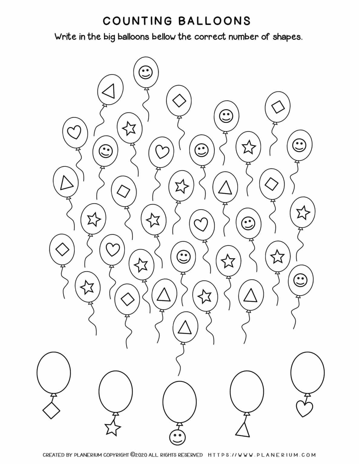 Math Worksheet for 1st grade - Sort and Count shapes in balloons
