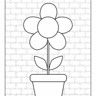 Spring coloring page with a flower in a pot on brick wall background