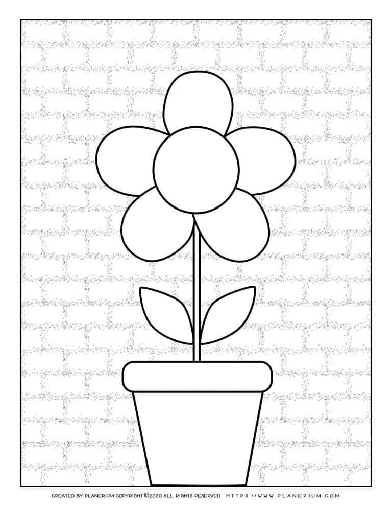 Spring coloring page with a flower in a pot on brick wall background