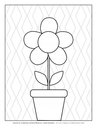Spring coloring page with a flower in a pot and vertical zigzag background