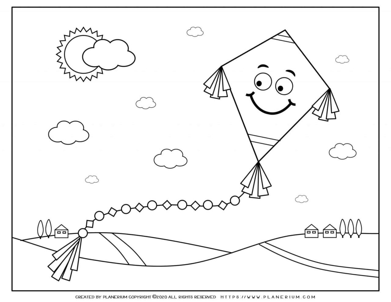 Spring coloring page - Smiling flying kite