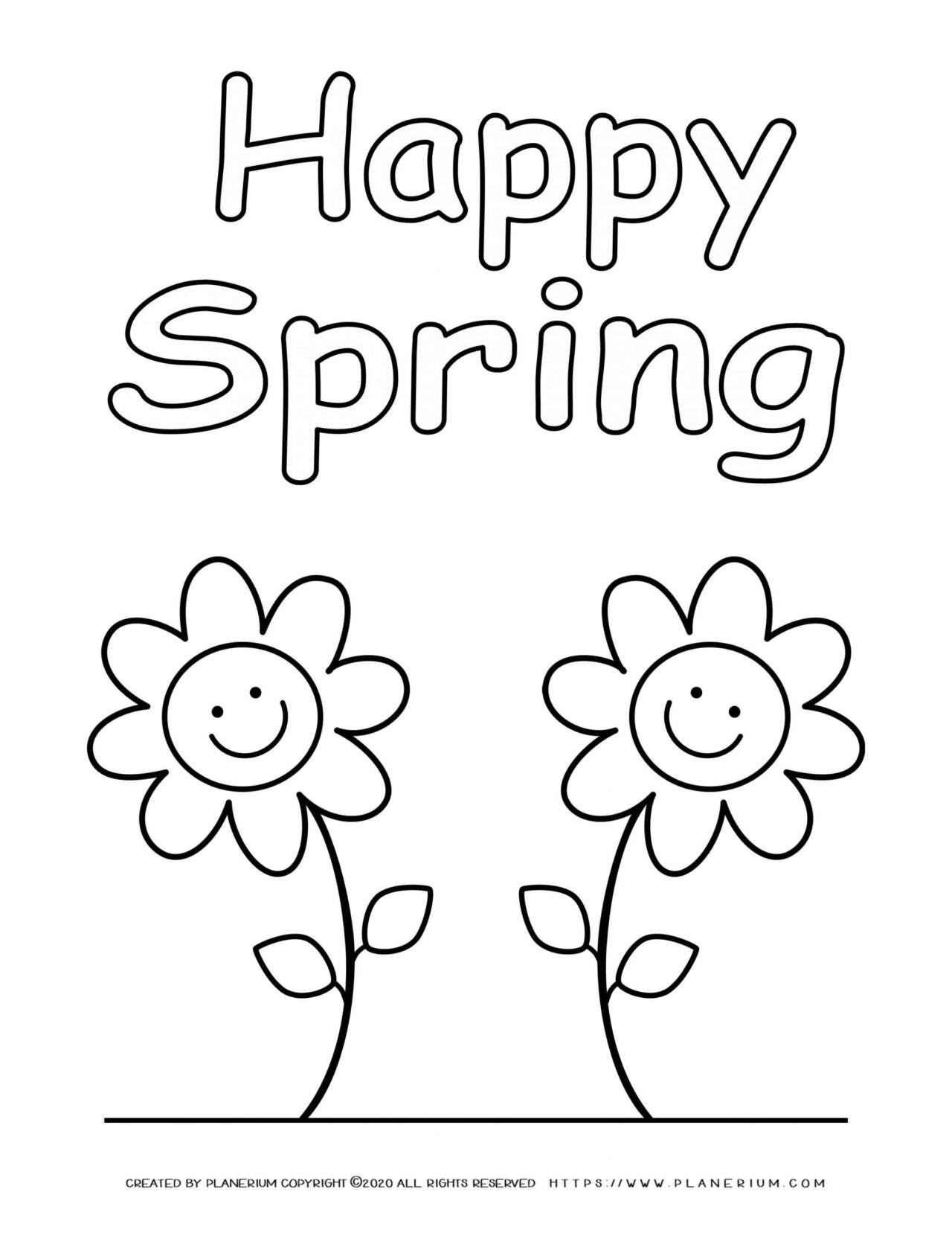 Spring coloring page with two smiling flowers