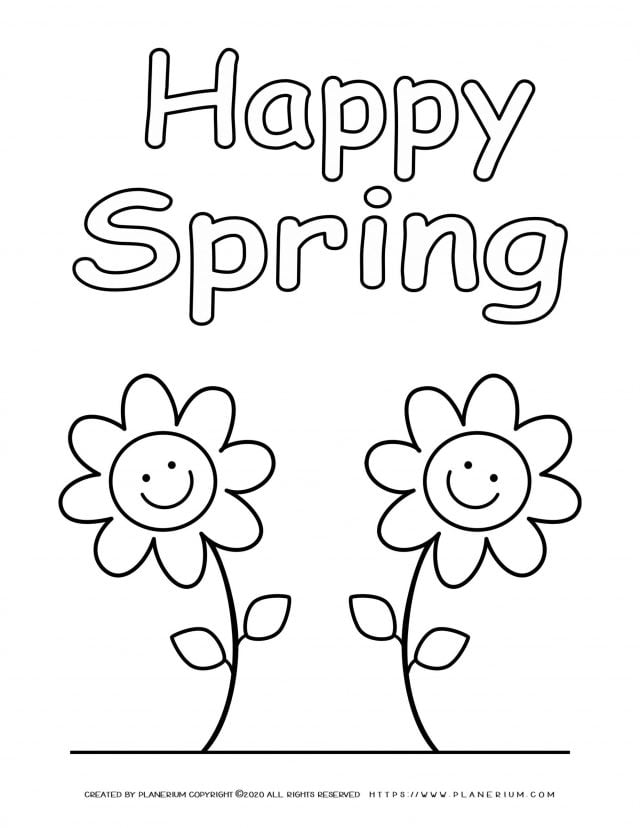 Spring coloring page with two smiling flowers