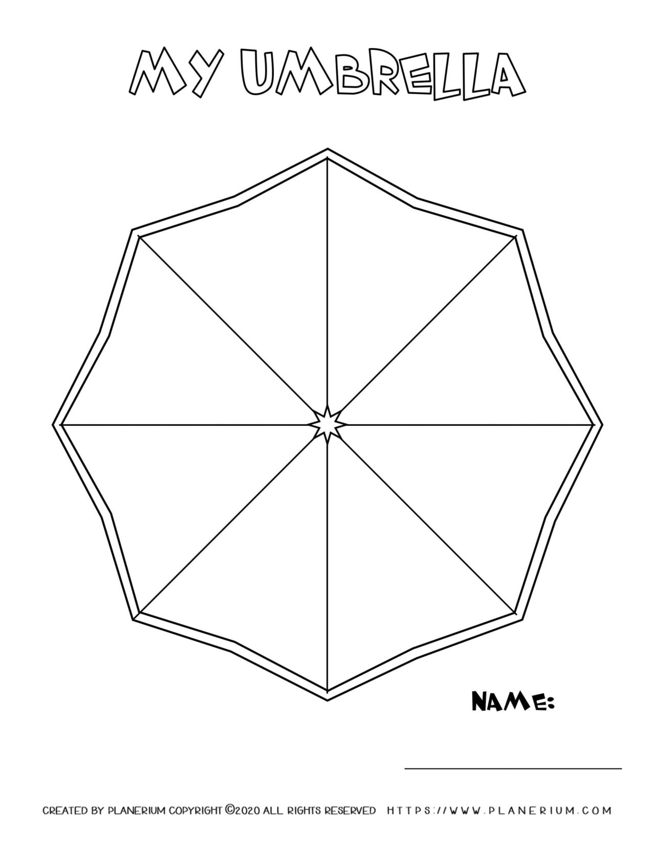 Spring coloring page - Octagon shaped umbrella with title and name