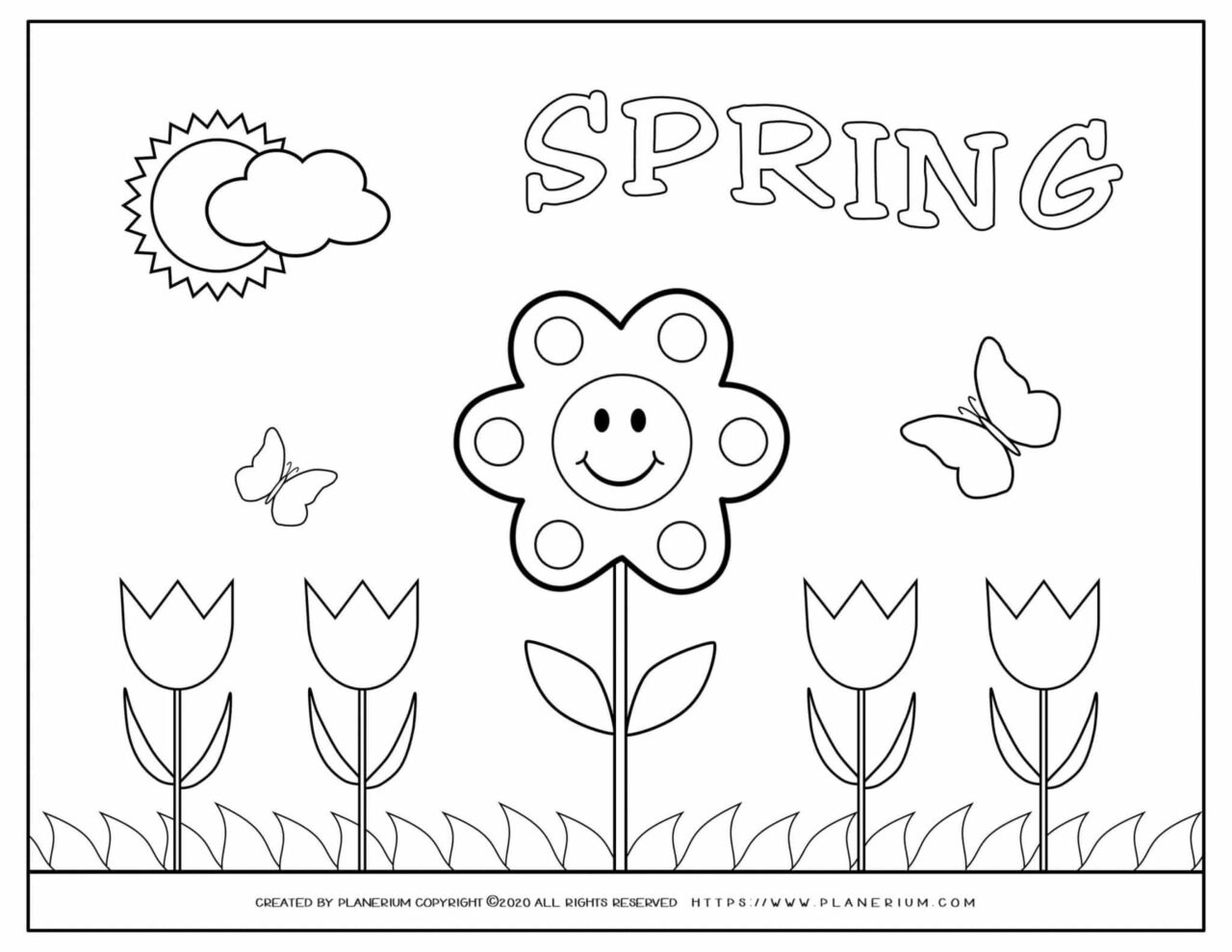 Spring coloring page with a smiling flower