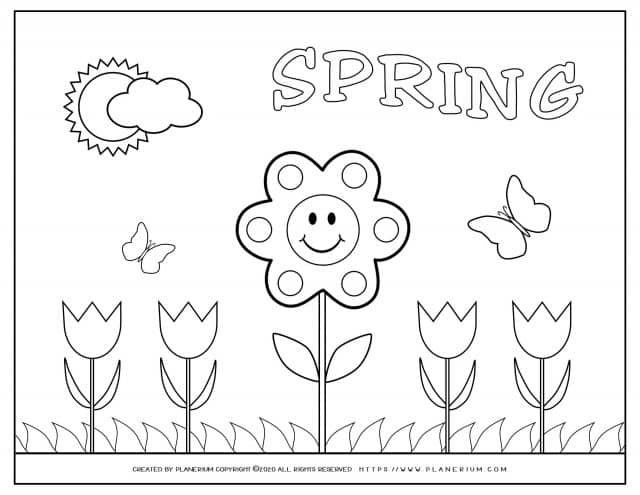Spring coloring page with a smiling flower