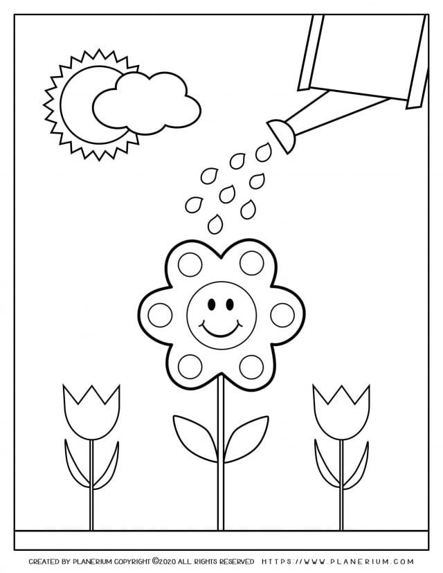 Spring coloring page - Watering a smiling flower