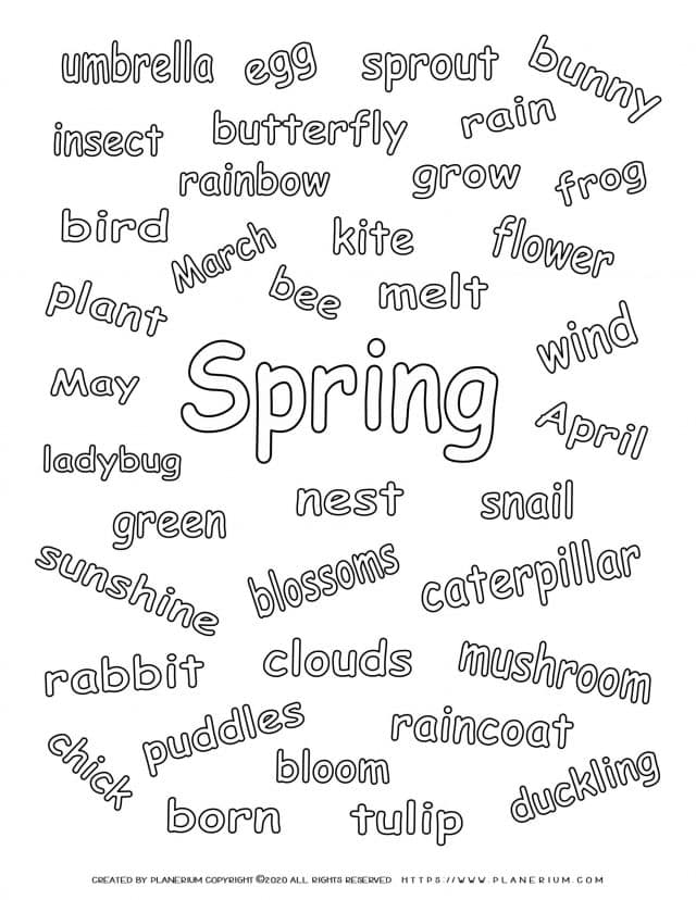 Spring coloring worksheet of spring related words