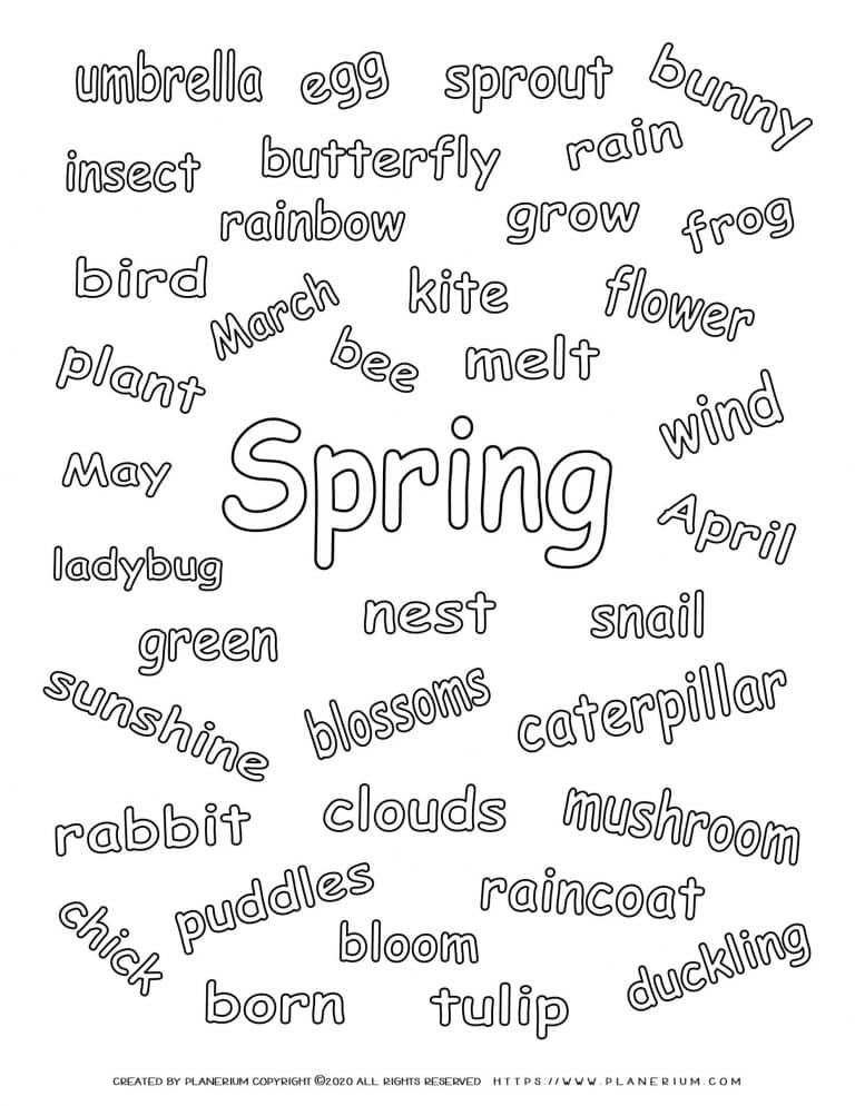 Spring coloring worksheet of spring related words