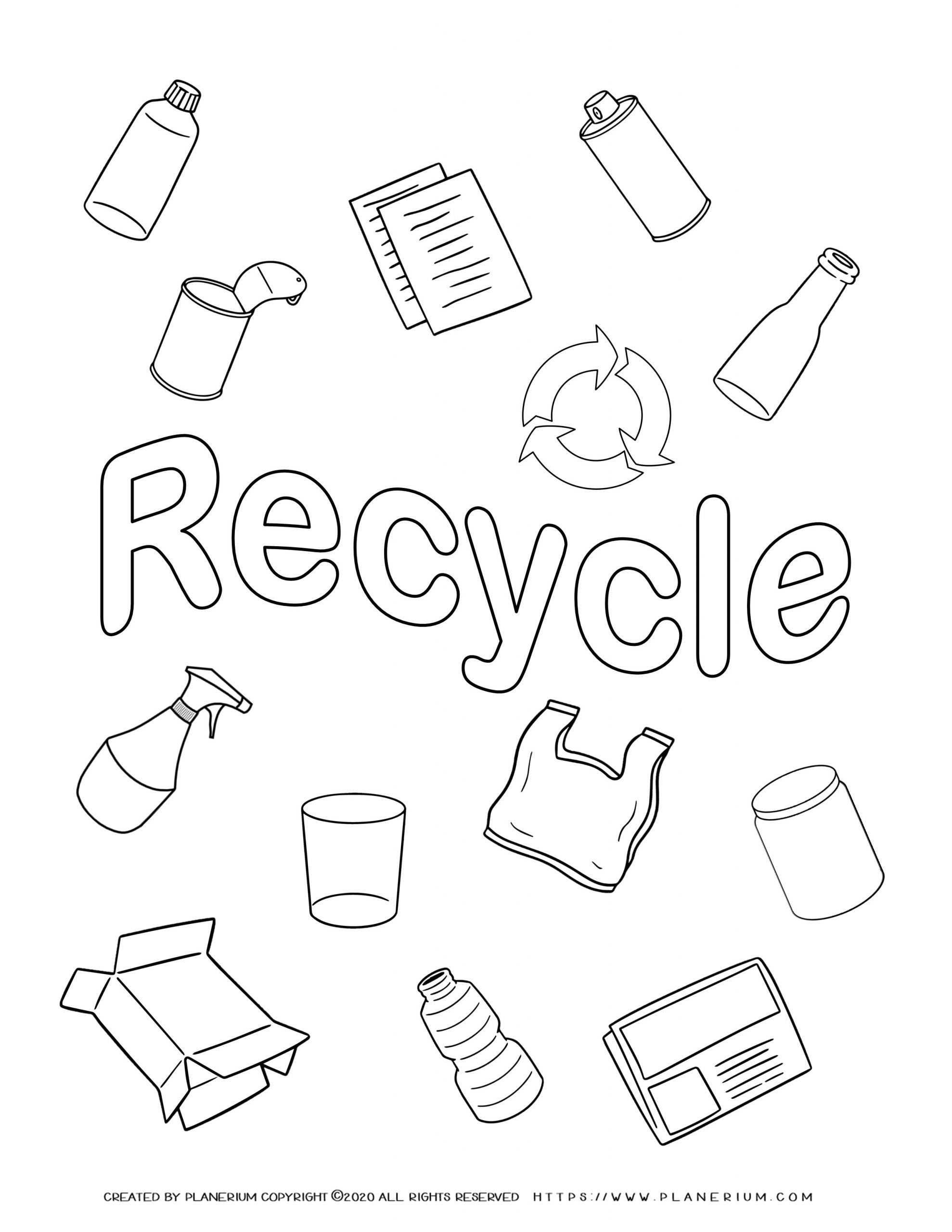 Earth Day - Coloring Page - Recycled items | Planerium