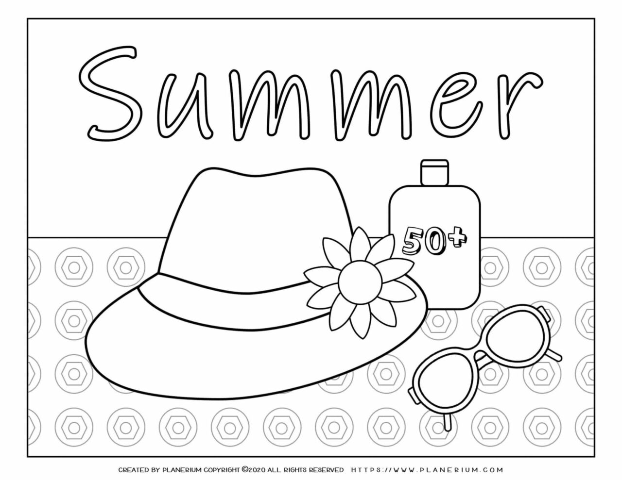 Summer - Coloring Page - Hat Sunglasses Sunscreen