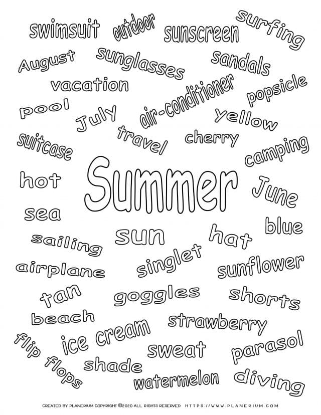 Summer - Coloring Page - Summer related words