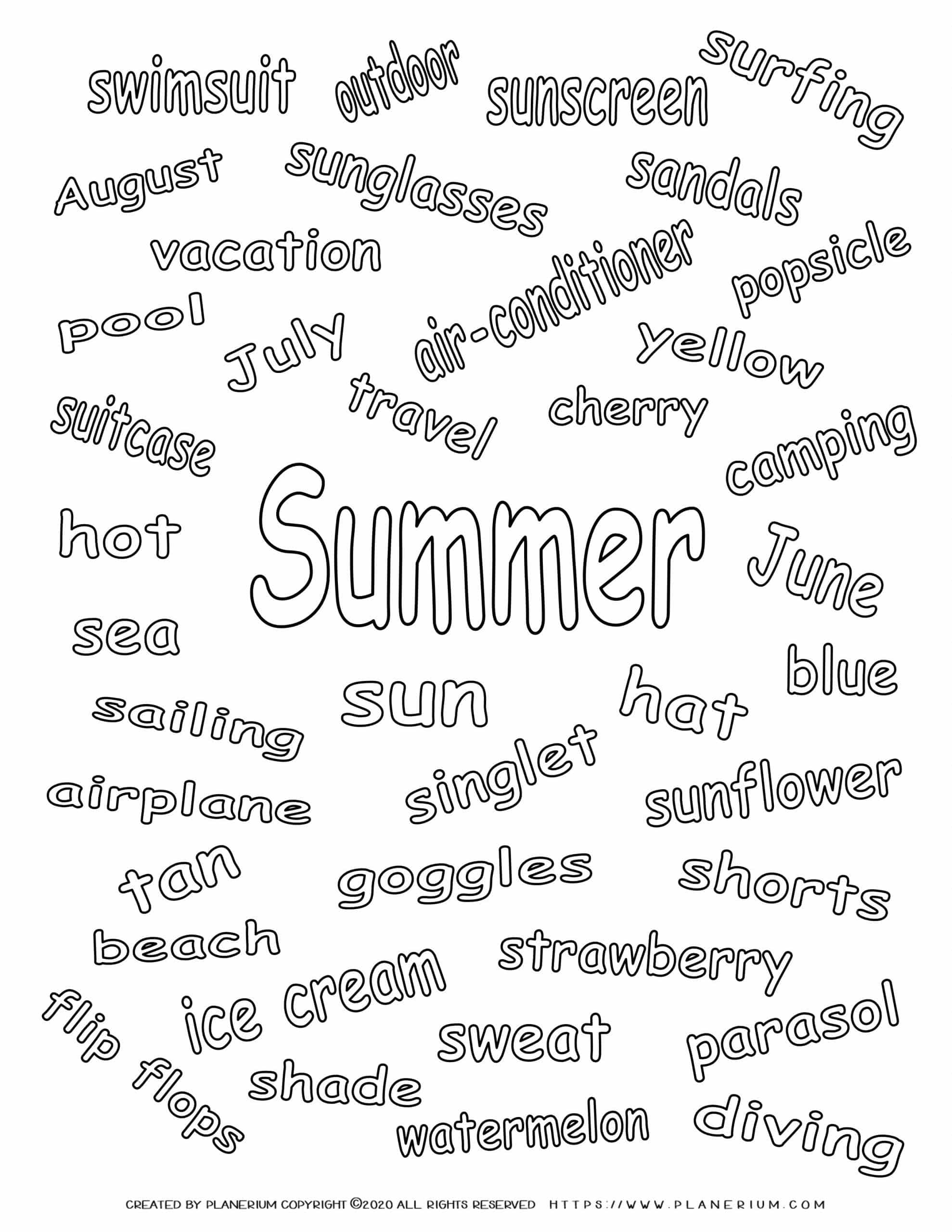 Summer - Coloring Page - Summer related words