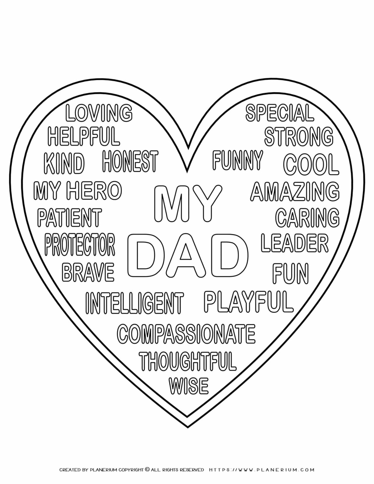 Father's Day - Coloring Page - Big heart dad words