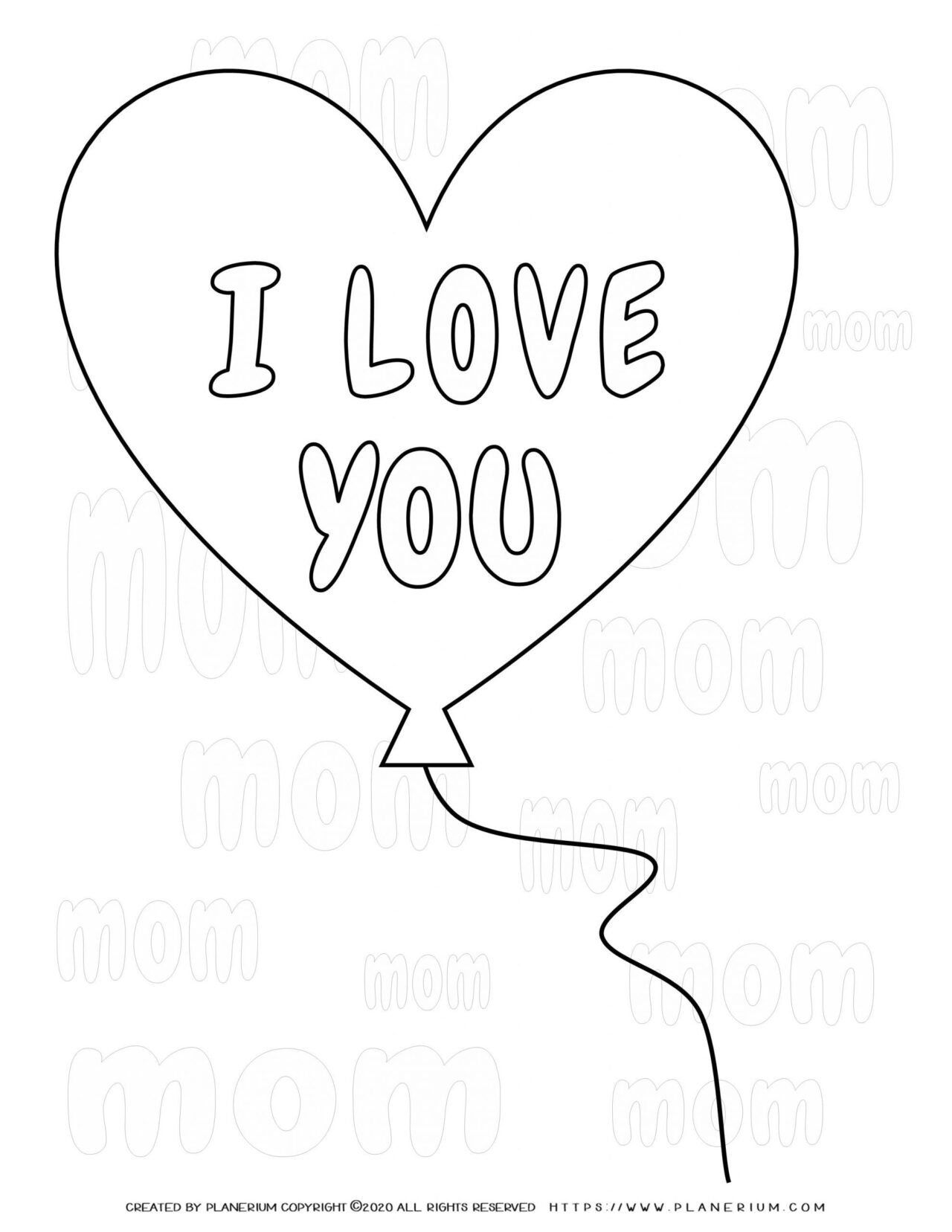 Mother's Day Coloring Page - Heart Balloon "I Love You, Mom"