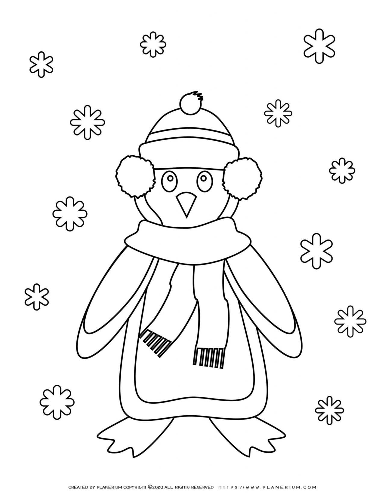 Winter Coloring Page - Penguin and Snowflakes | Planerium