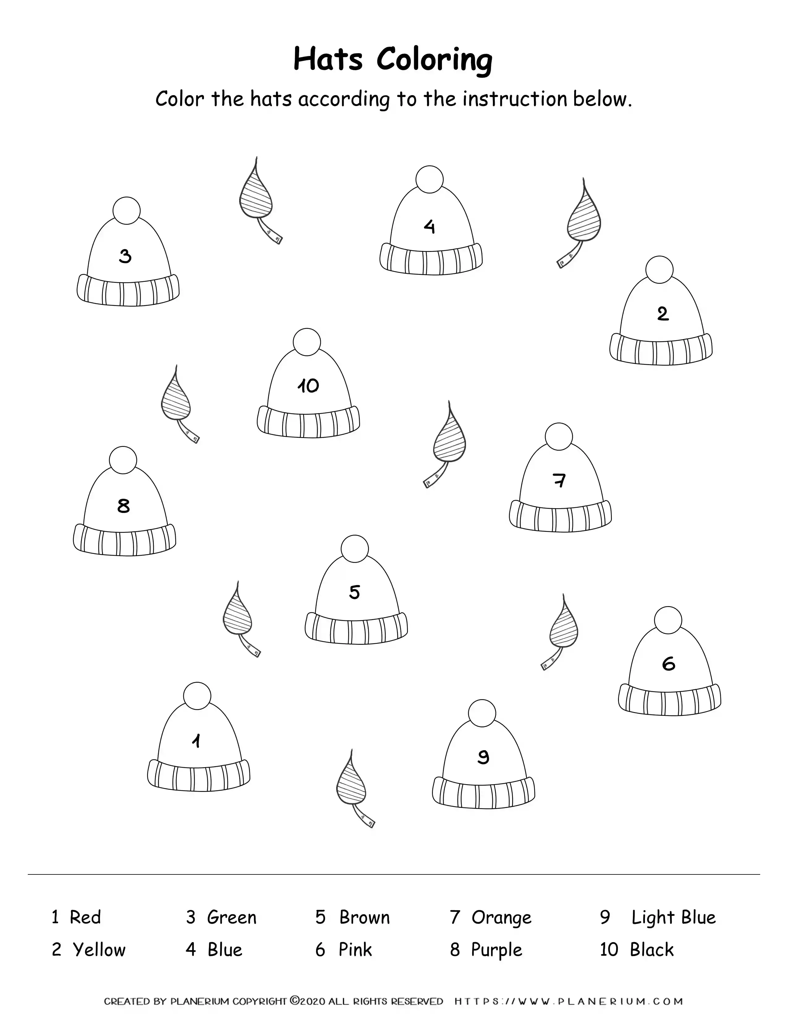 fall-worksheet-hats-numbers-coloring Fall Season - Worksheet - Color Hats by Number
