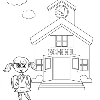 Back to School - Coloring Page - Standing in-front of School