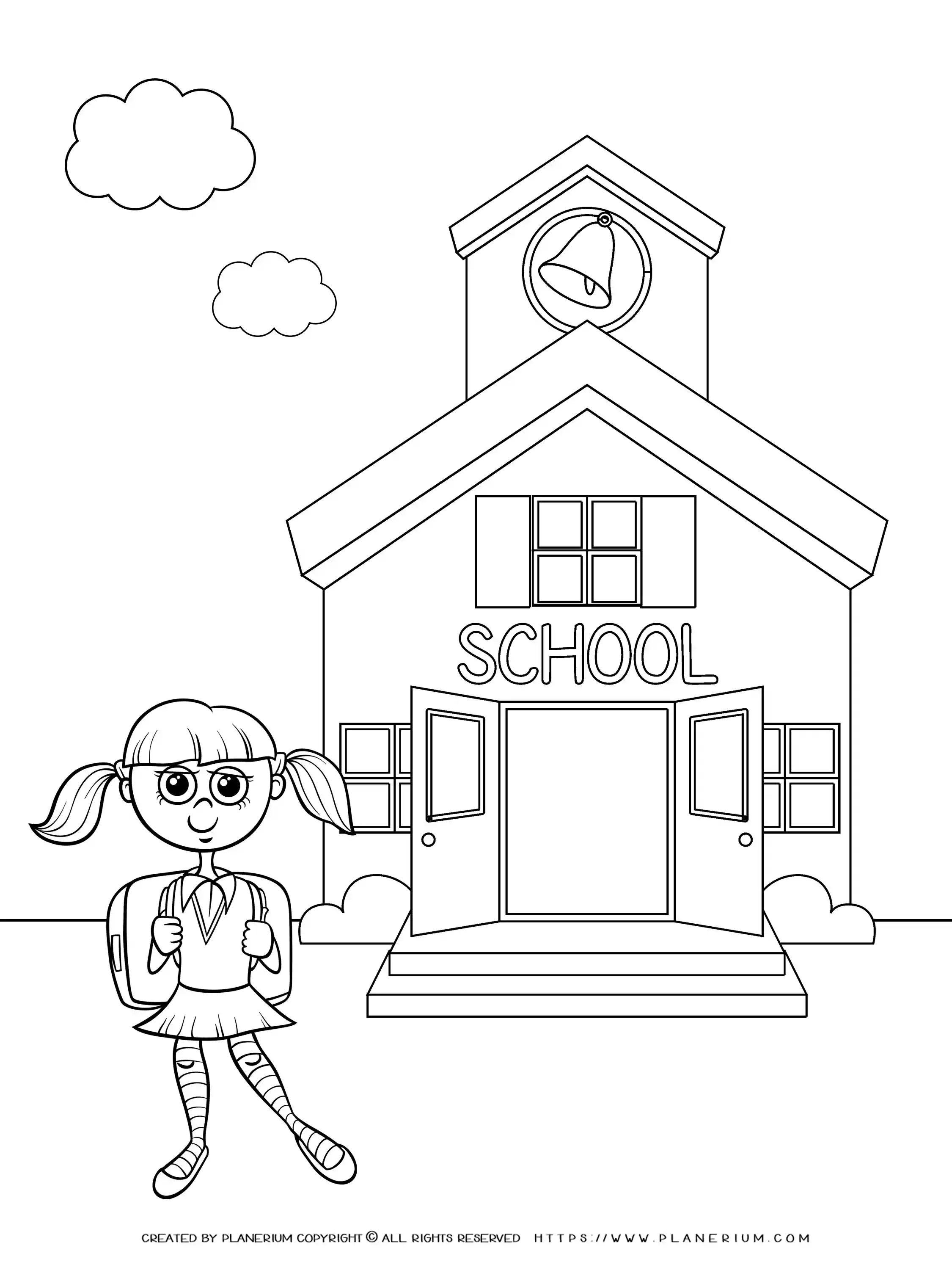 back-to-school-coloring-standing-in-front-of-school Back to School - Coloring Page - Standing in-front of School