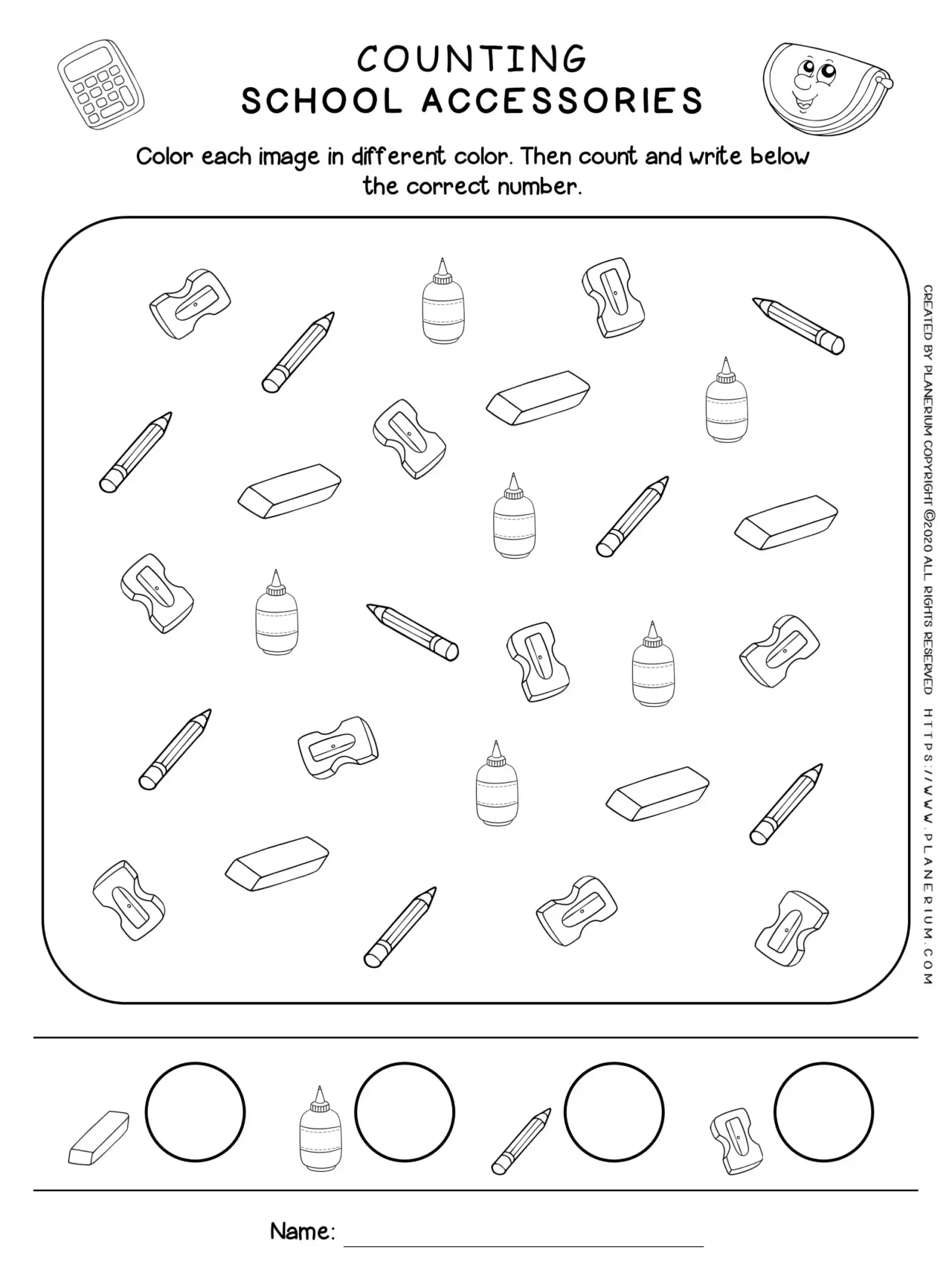 Back to
School - Worksheet - Counting School accessories