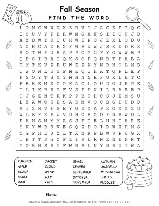 Fall Word Search Puzzle - Twenty Words - Free Printable | Planerium