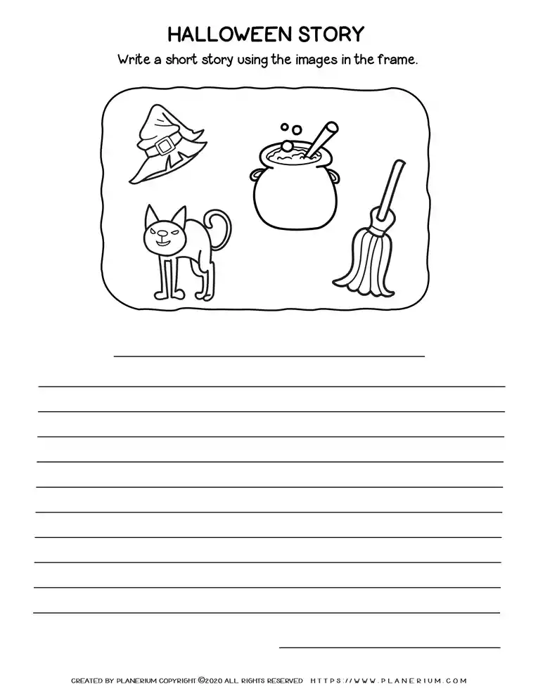 Halloween Worksheets - Narrative Writing - Witch Hat - Cauldron - Broom - Cat