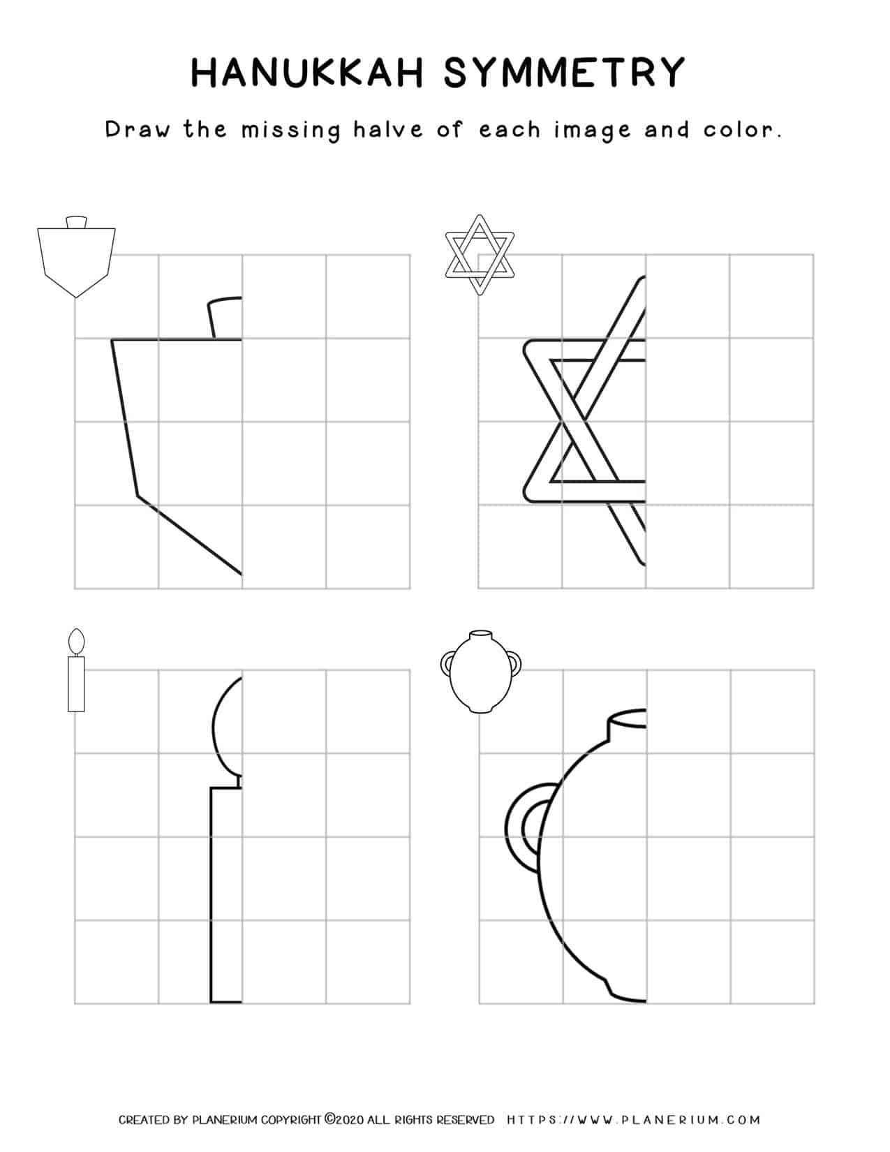 Symmetry Drawing - Hanukkah Worksheet - Free Printable | Planerium