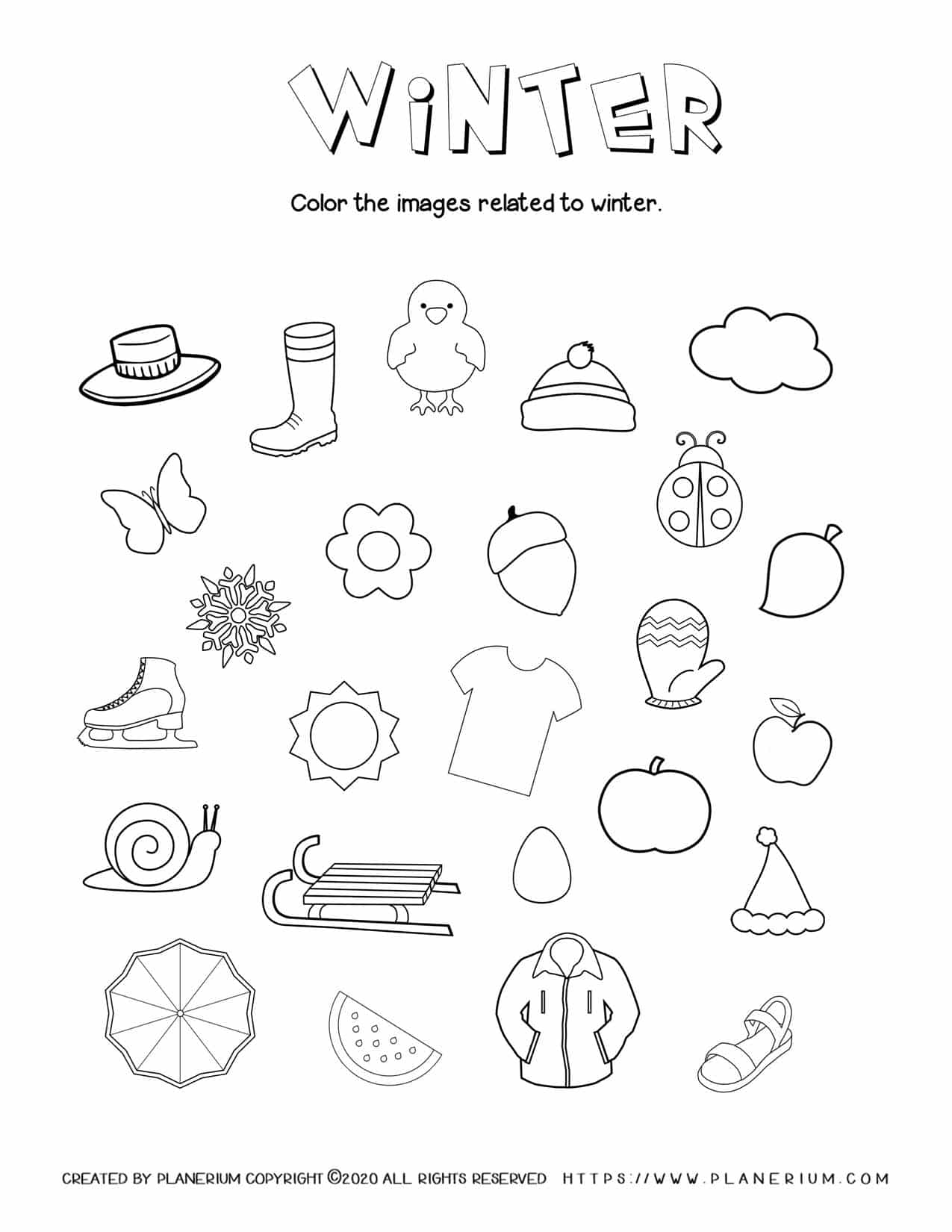 Coloring Winter Related Objects - Free Worksheet | Planerium