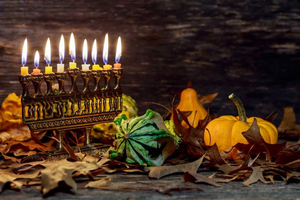 Hanukkah Menorah With Burning Candles, Fall leaves, and Pumpkins | Planerium