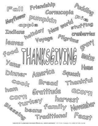 Thanksgiving Related Words - Coloring Page | Planerium