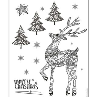Christmas Coloring Pages - Merry Christmas Card - Deer and Pine Trees | Planerium