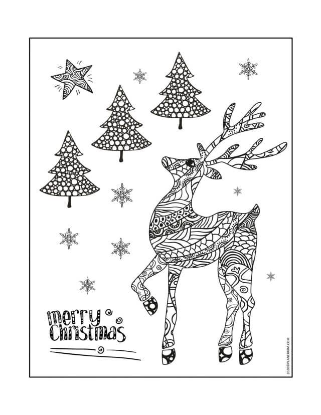 Christmas Coloring Pages - Merry Christmas Card - Deer and Pine Trees | Planerium