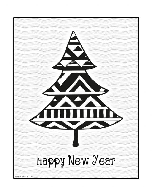 Happy New Year Coloring Pages - Pattern on a Pine Tree - Greeting Card | Planerium