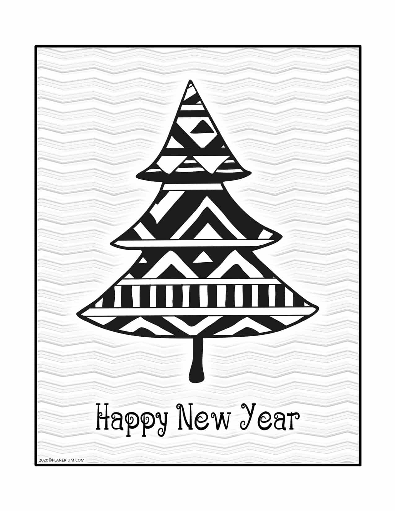 Happy New Year Coloring Pages - Pattern on a Pine Tree - Greeting Card | Planerium